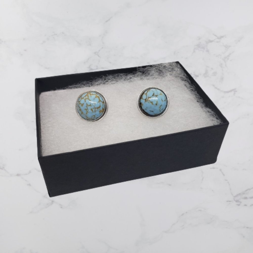 Vintage Blue Turquoise Silver Round Stud Earrings - Picture 1 of 7